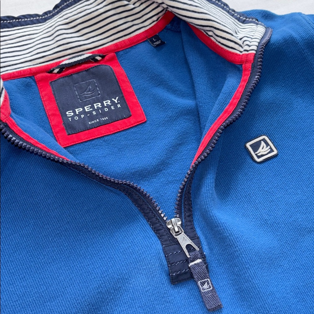 Sperry Top-Sider Blue 1/2 Zip Nautical Pullover, Striped Collar, Large, EUC - Picture 15 of 16